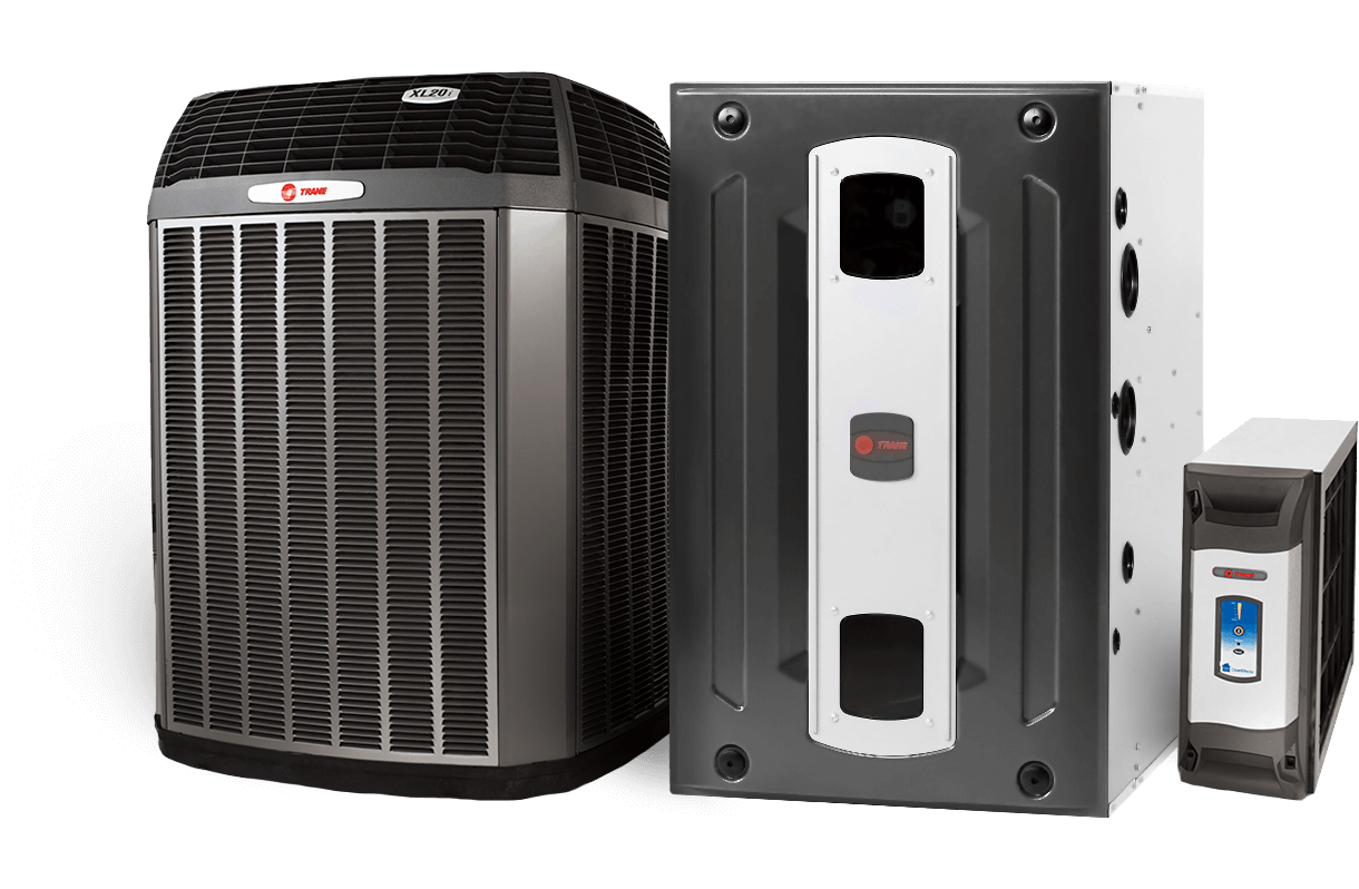 Trane HVAC equipment — furnace, air conditioner, and thermostat