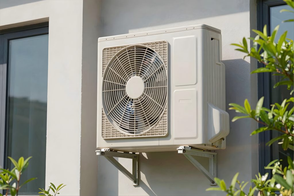 a white air conditioner mounted on a wall photo