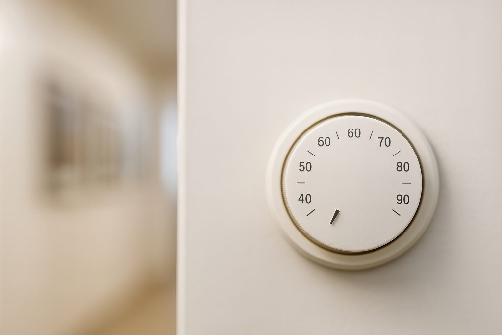 thermostat dial on a wall in a modern home interior with a soft focus background and minimalist design aesthetic for a cozy and comfortable environment photo